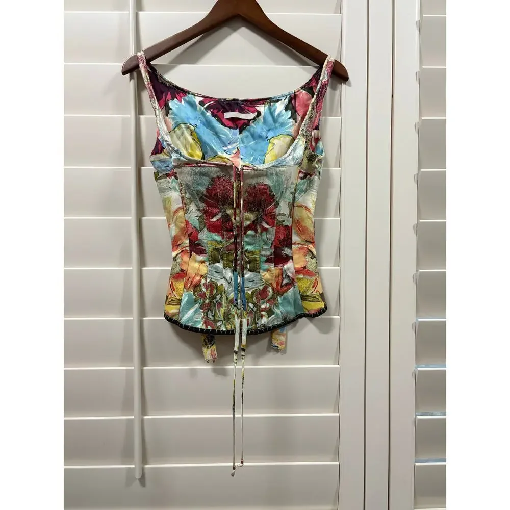 Roberto Cavalli S/S 2003 Bustier Corset Floral Abstract Denim Silk Top Vintage - Picture 3 of 12